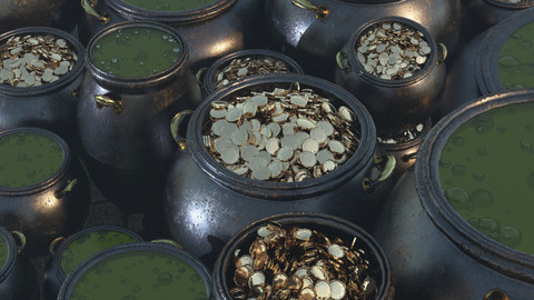 3D Cauldrons with Potion and Coins
