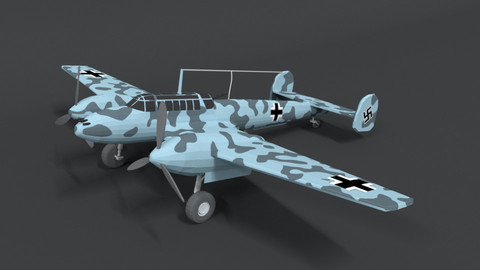 Low Poly Cartoon Messerschmitt Bf110 WWII Airplane