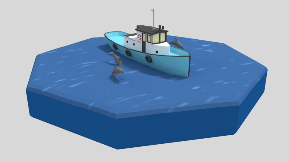 chroma 3D - Low Poly Cartoon Fishing Boat and Dolphins