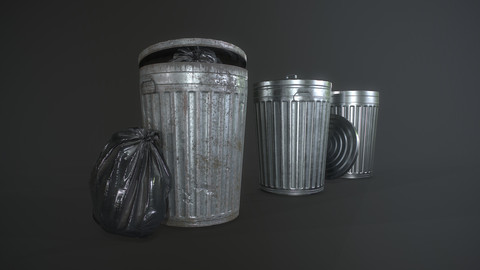 Metal Trash Can with Garbage Bags - Low Poly