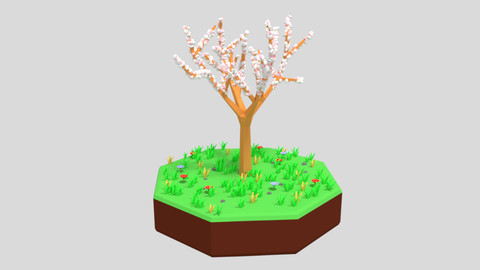 Low Poly Cartoon Almond Tree