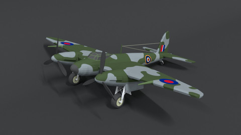Low Poly Cartoon De Havilland DH 98 Mosquito WWII Airplane