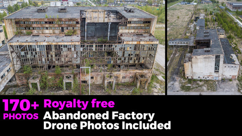 Abandoned factory inside and outside. With green grass and bushes. Drone photos included.