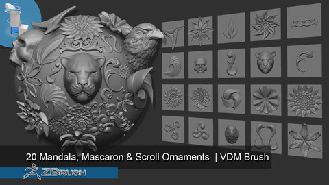 20 Mandala, Mascaron & Scroll Ornaments | VDM Brush -Zbrush