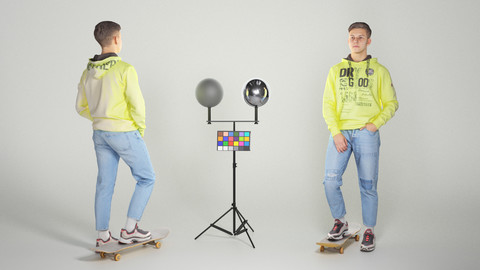 Young man in a neon hoodie on a skateboard 125