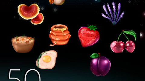 50 game icons of food and herbs