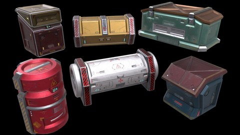 6 Models Sci-fi Crate Pack (Container, Box) - Openable Door - Low Poly