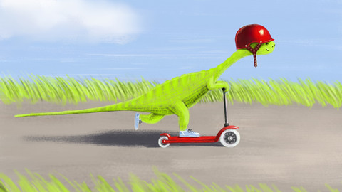 Illustration for children. Dinosaur rides a scooter