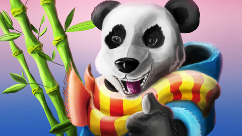 Funny panda with bamboo at sunset.