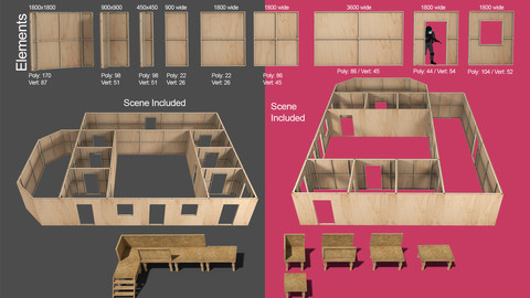 Partition wall element kit for construction site 3d models etc