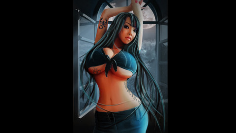 Girl lit by the moon near the window.