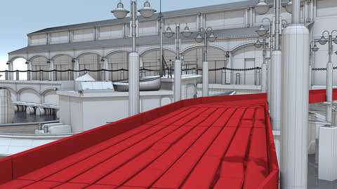 Un-Textured clay model of harbor pier and fishing boats