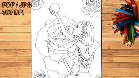 Egyptian Princess Printable Coloring Page, digital stamp