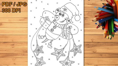 Christmas bee printable coloring page, digital stamp