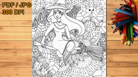 Floral witch printable coloring page, digital stamp