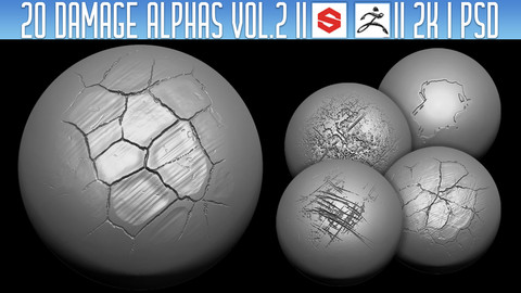 20 Damage Alphas Vol.2 (ZBrush, Substance, 2K, PSD)