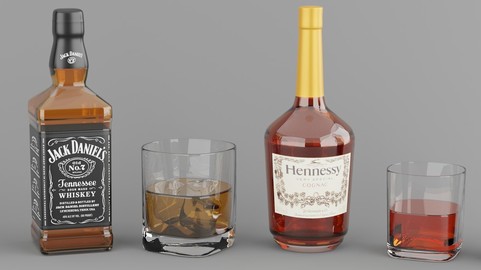 High poly set of 4 bottles with glasses