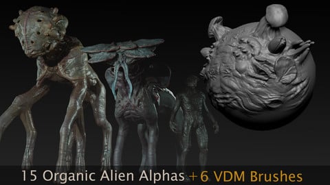 15 Organic Alien Alphas + 6 VDM Brushes for Zbrush