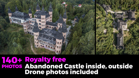 Abandoned castle inside and outside. With green grass and bushes. Drone photos included.