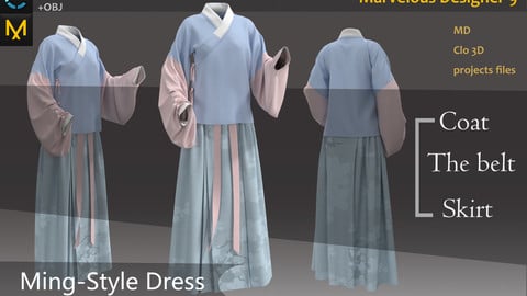 Chinese Ming-Style Dress Clo3d, Marvelous designer project