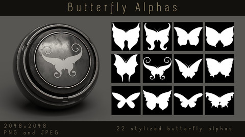Stylized Butterfly Flying Insect Alpha pack for Substance and zbrush, PNG, JPEG