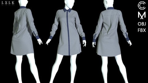 Women's Plaid Shirt Dress - Marvelous designer, Daz3d