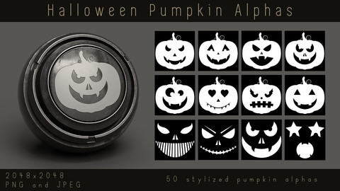 Stylized Carved Pumpkin Alphas - Halloween Face Alpha pack for Substance, PNG, JPEG