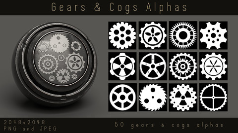Steampunk Gear Alphas - 50 Mechanical Cogs Alpha pack for Substance and zbrush, PNG, JPEG