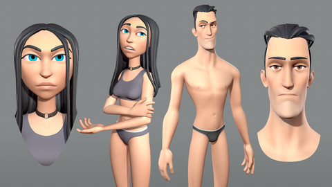 Male and female cartoon characters base mesh