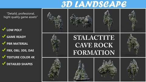 Low poly Black Mossy Stalactite Cave Rock Modular Pack C 200221