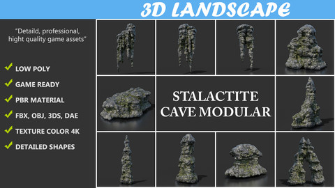 Low poly Black Mossy Stalactite Cave Rock Modular Pack B 200221