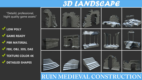 Low poly Ancient Roman Ruin Construction Pack 02 - Snow Winter