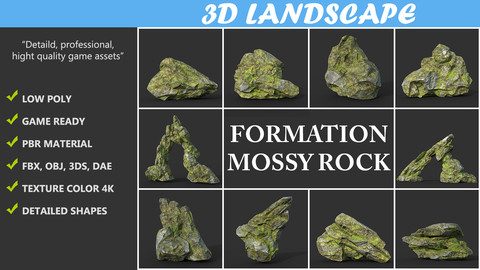 Low poly Mossy Rock Formation Pack 191221