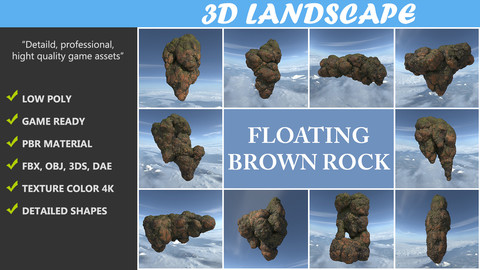 Low poly Brown Floating Island Mossy Rock Pack 190830