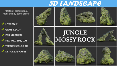 Low poly Damaged Jungle Mossy Rock Pack A 190425