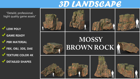 Low poly Brown Mossy Cliff Rock Pack 190829