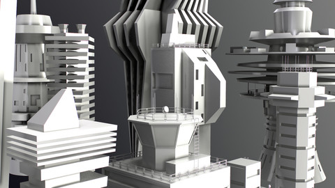 Sci-Fi Kitbash Low-poly 13 buildings