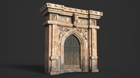 Medieval Wood Door with Stone Arch Low-poly 3D model