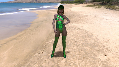 Toned Edna In Green Silver Beach Posing
