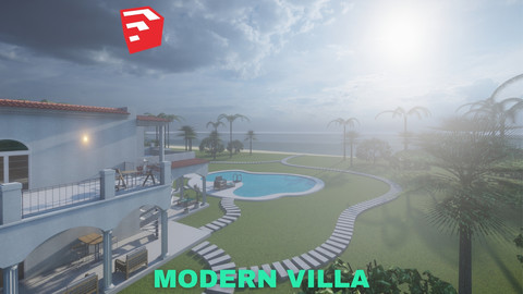 Modern Villa with Private Pool on Beachfront Scene - SketchUp