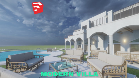 Modern Villa with Private Pool on Beachfront Scene - SketchUp - Low Poly