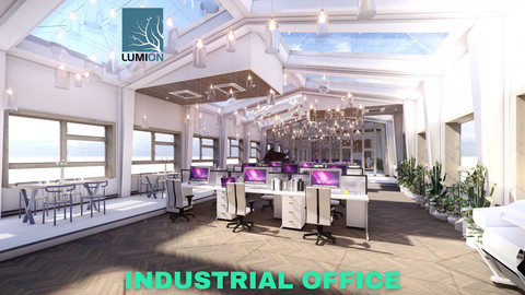 Industrial Office on Attic with Skylights Scene - Lumion