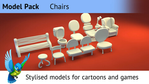 Model Pack. 9 stylised chairs. For cartoons and games