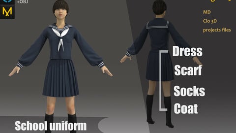 Zbrush Practice_Female/Girls School Uniform_Clothes_Short Dress_Asian&Japan Style_MD files