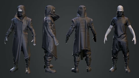 CYBERPUNK STYLE OUTFIT: Asymmetric Overcoat + Tshirt + Trousers . Marvelous Designer and Zbrush files