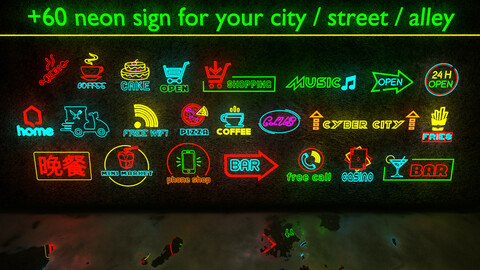 +60 neon signs for your City / Street / Alley (3D Model)