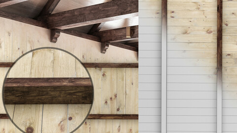 Wooden ceiling with beams.