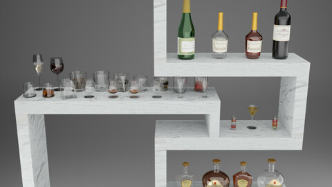 High poly set bottles with glasses