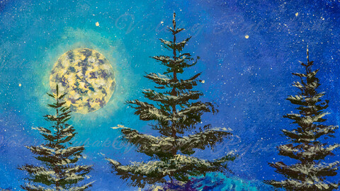 Night Christmas winter landscape with moon and snowy fir trees on the starry sky painting. Art by Valery Rybakow