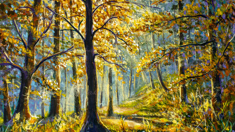 Painting beautiful forest with bright sun shining by Rybakow